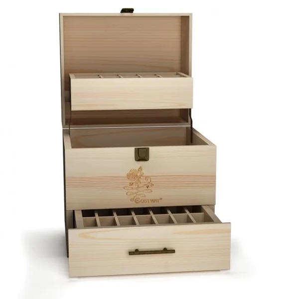 Boîte pour Flacons d’Huiles Essentielles 59 Places sur 3 Niveaux en Bois de Pin et Métal, 19 x 22 x 24,5cm, Naturel