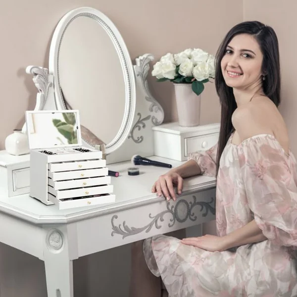 Boîte à Bijoux avec Miroir et 5 Tiroirs Grand Coffret à Bijoux à 6 Étages en Bois de Pin 30x19x25cm Blanc