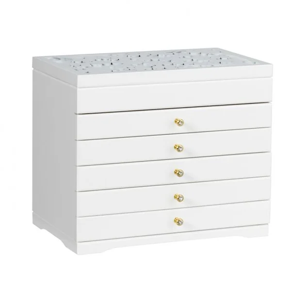 Boîte à Bijoux avec Miroir et 5 Tiroirs Grand Coffret à Bijoux à 6 Étages en Bois de Pin 30x19x25cm Blanc