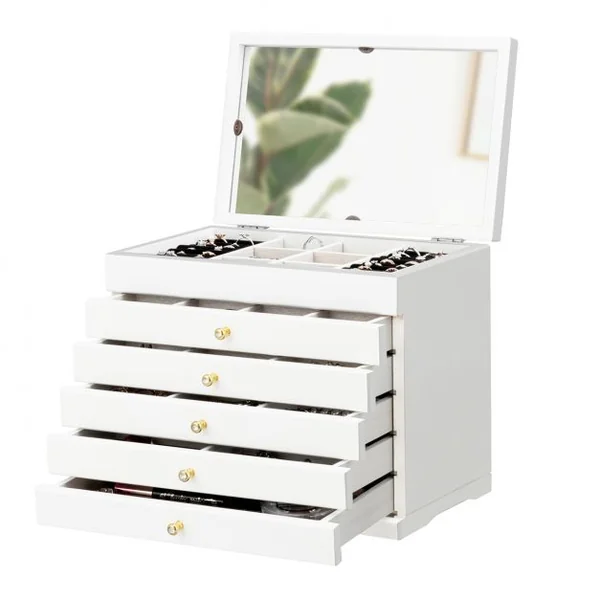 Boîte à Bijoux avec Miroir et 5 Tiroirs Grand Coffret à Bijoux à 6 Étages en Bois de Pin 30x19x25cm Blanc