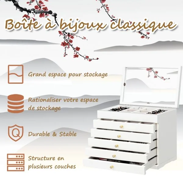 Boîte à Bijoux avec Miroir et 5 Tiroirs Grand Coffret à Bijoux à 6 Étages en Bois de Pin 30x19x25cm Blanc