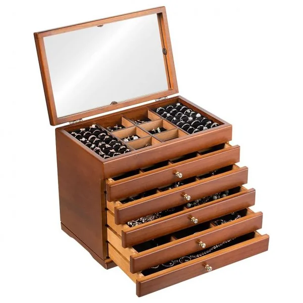 Boîte à Bijoux avec Miroir et 5 Tiroirs Grand Coffret à Bijoux à 6 Étages en Bois de Pin 30x19x25cm Marron