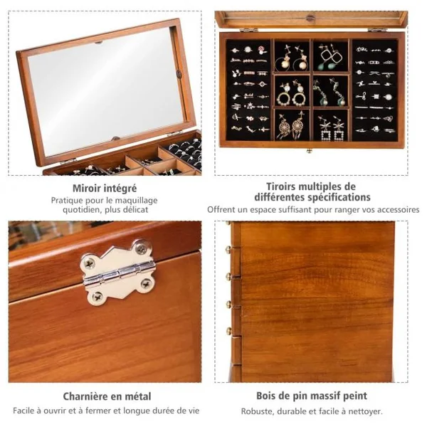 Boîte à Bijoux avec Miroir et 5 Tiroirs Grand Coffret à Bijoux à 6 Étages en Bois de Pin 30x19x25cm Marron