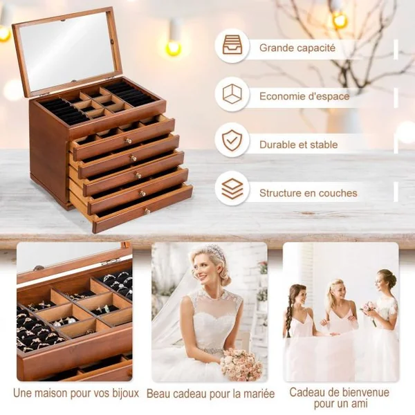 Boîte à Bijoux avec Miroir et 5 Tiroirs Grand Coffret à Bijoux à 6 Étages en Bois de Pin 30x19x25cm Marron