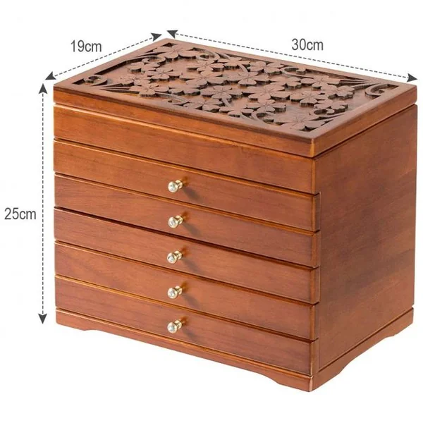 Boîte à Bijoux avec Miroir et 5 Tiroirs Grand Coffret à Bijoux à 6 Étages en Bois de Pin 30x19x25cm Marron
