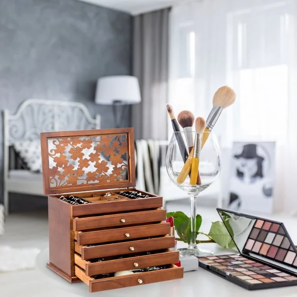 Boîte à Bijoux en Bois Couvercle avec Sculpture Fleur 6 Étages Brun Foncé