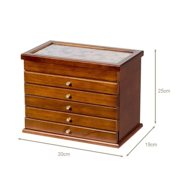 Boîte à Bijoux en Bois Couvercle avec Sculpture Fleur 6 Étages Brun Foncé