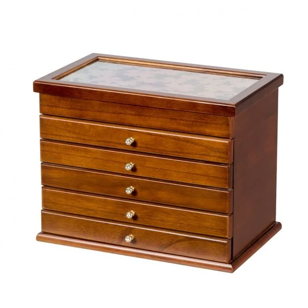 Boîte à Bijoux en Bois Couvercle avec Sculpture Fleur 6 Étages Brun Foncé
