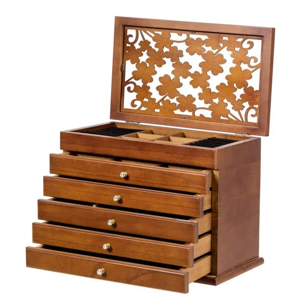 Boîte à Bijoux en Bois Couvercle avec Sculpture Fleur 6 Étages Brun Foncé