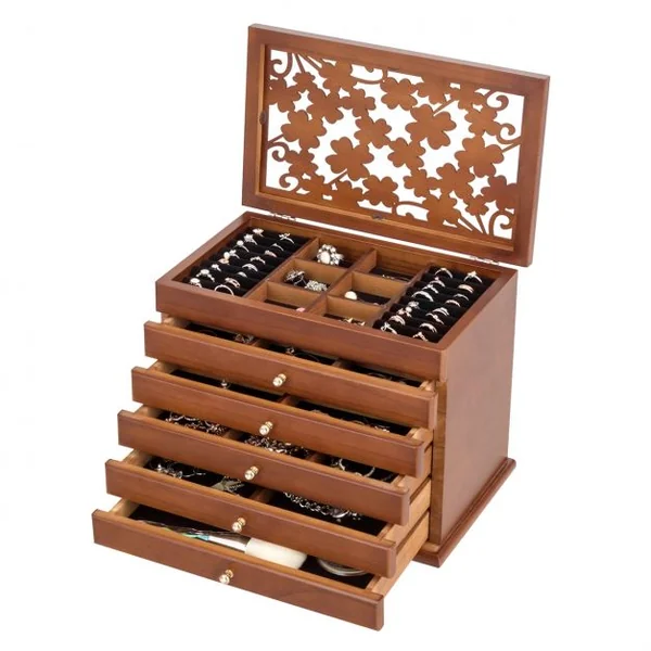 Boîte à Bijoux en Bois Couvercle avec Sculpture Fleur 6 Étages Brun Foncé