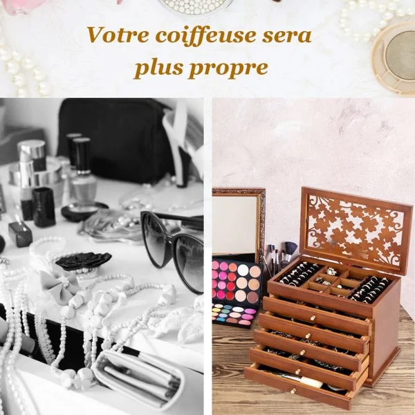Boîte à Bijoux en Bois Couvercle avec Sculpture Fleur 6 Étages Brun Foncé