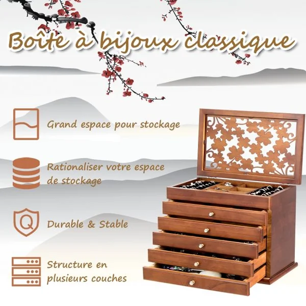 Boîte à Bijoux en Bois Couvercle avec Sculpture Fleur 6 Étages Brun Foncé