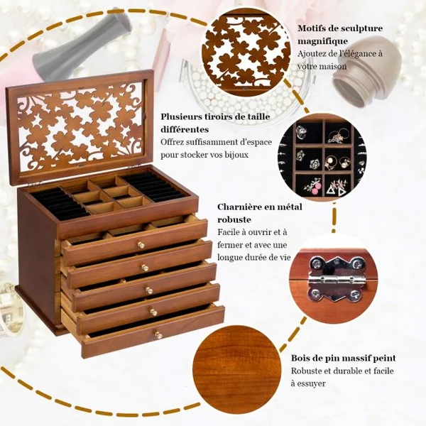 Boîte à Bijoux en Bois Couvercle avec Sculpture Fleur 6 Étages Brun Foncé