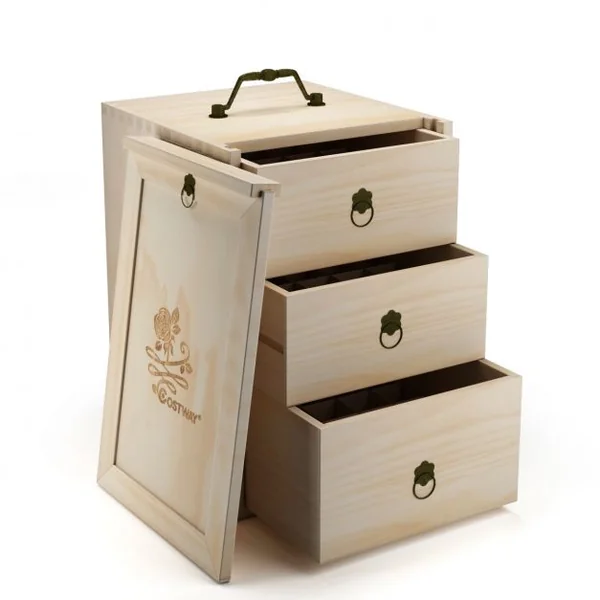 Boîte à Huile Essentielle en Bois de Pin pour 75 Flacons avec 3 Tiroirs Compartimentés Poignée en Métal 20,5x23x29,5cm