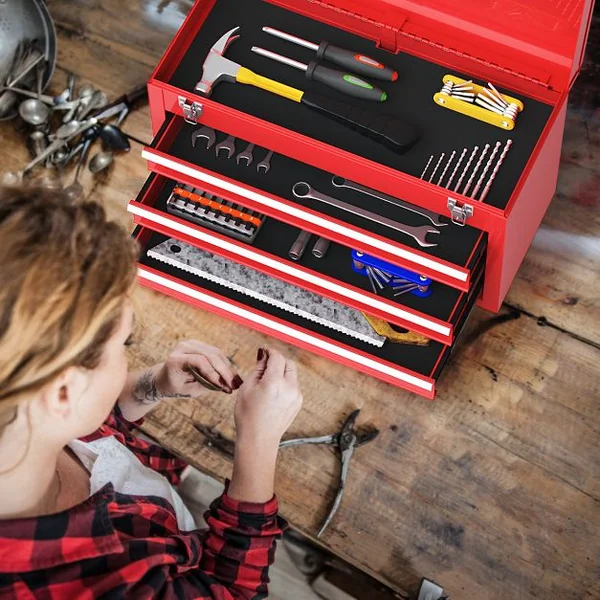Boîte à Outils en Métal avec 3 Tiroirs Coffre à Outils avec Plateau de Rangement Supérieur 2 Loquets et Doublures en EVA et Poignée Rouge