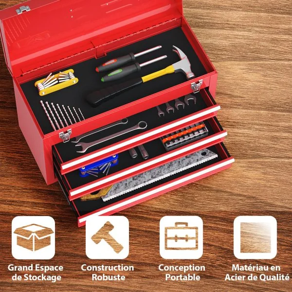 Boîte à Outils en Métal avec 3 Tiroirs Coffre à Outils avec Plateau de Rangement Supérieur 2 Loquets et Doublures en EVA et Poignée Rouge
