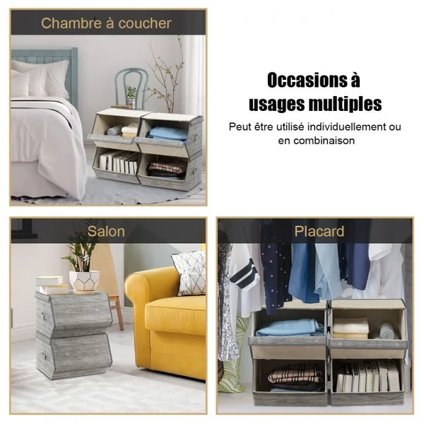Boîtes de Rangement 4pcs Pliables et Empilables avec Couvercles et Poignées Latérales Capacité 33,25 L38x35x25cm Gris