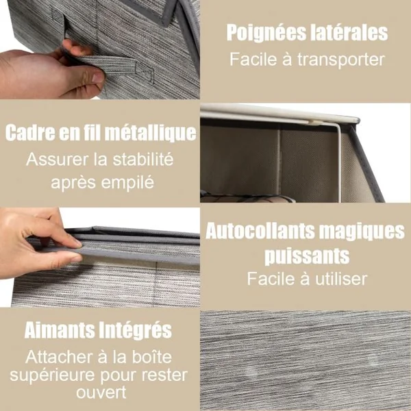 Boîtes de Rangement 4pcs Pliables et Empilables avec Couvercles et Poignées Latérales Capacité 33,25 L38x35x25cm Gris