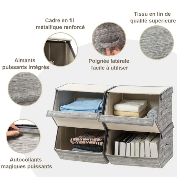 Boîtes de Rangement 4pcs Pliables et Empilables avec Couvercles et Poignées Latérales Capacité 33,25 L38x35x25cm Gris