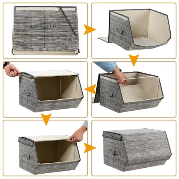 Boîtes de Rangement 4pcs Pliables et Empilables avec Couvercles et Poignées Latérales Capacité 33,25 L38x35x25cm Gris