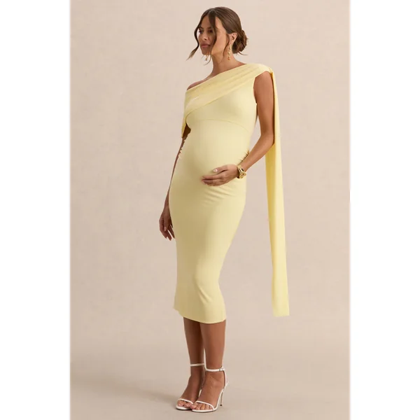 Braelyn | Robe de maternité mi-longue citron à encolure asymétrique avec détails froncés et détail ceinture