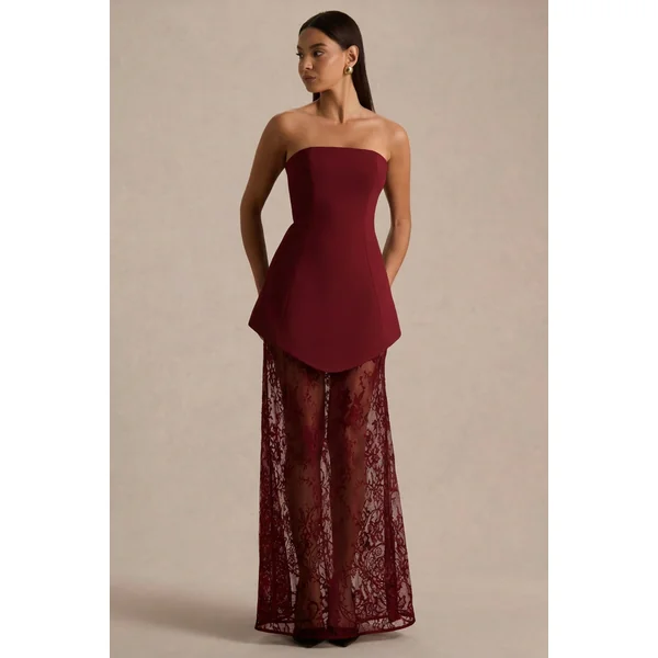 Brandi | Robe longue bandeau bordeaux avec jupe en dentelle