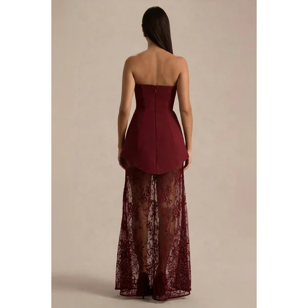 Brandi | Robe longue bandeau bordeaux avec jupe en dentelle