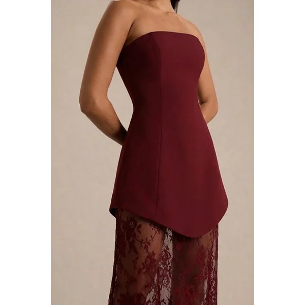 Brandi | Robe longue bandeau bordeaux avec jupe en dentelle