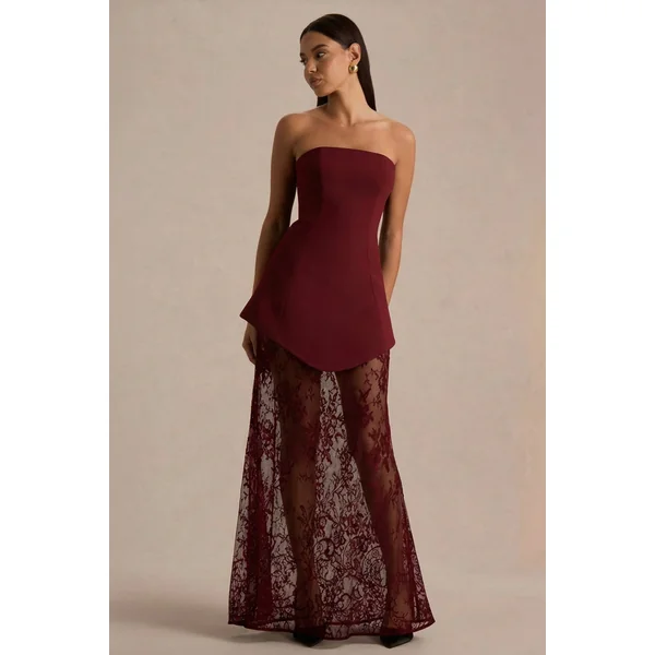 Brandi | Robe longue bandeau bordeaux avec jupe en dentelle