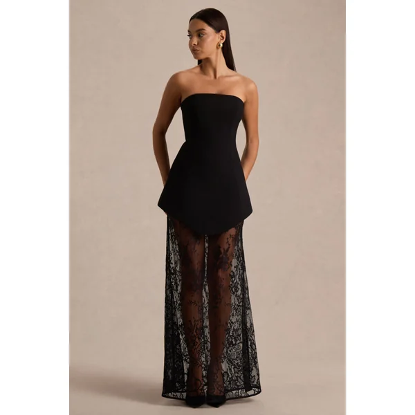 Brandi | Robe longue bandeau noire avec jupe en dentelle