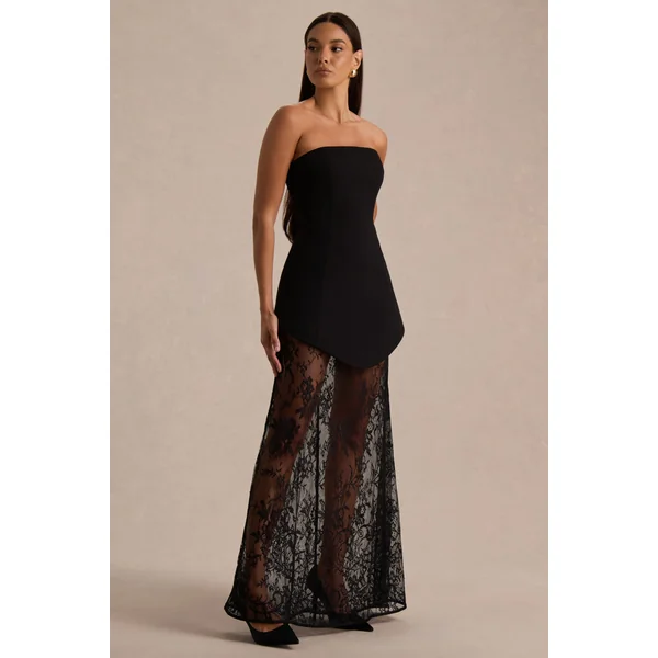 Brandi | Robe longue bandeau noire avec jupe en dentelle