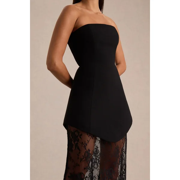 Brandi | Robe longue bandeau noire avec jupe en dentelle