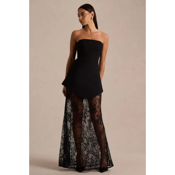 Brandi | Robe longue bandeau noire avec jupe en dentelle