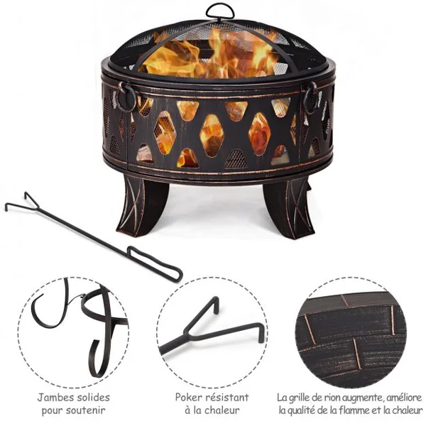 Brasero extérieur Brasero en acier avec grille pare-étincelles Bol pour Jardin Terrasse, 65 x 65 x 57 cm, Or et Noir