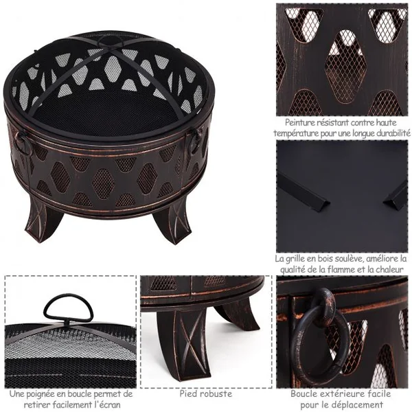 Brasero extérieur Brasero en acier avec grille pare-étincelles Bol pour Jardin Terrasse, 65 x 65 x 57 cm, Or et Noir