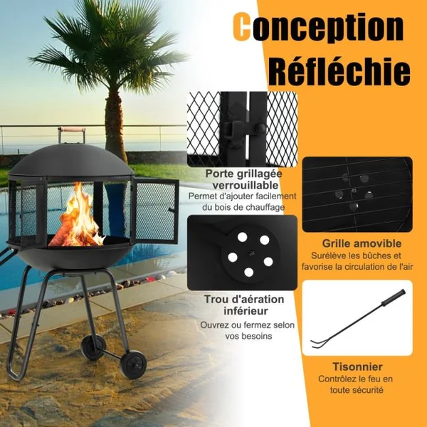 Brasero Extérieur Mobile à 2 Portes en Maille Foyer Poêle en Fer avec Tisonnier Grille pour Terrasse Patio 69x56x108cm