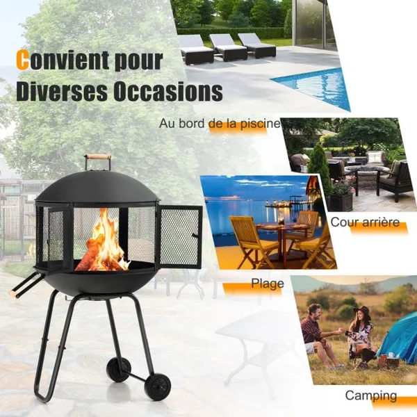 Brasero Extérieur Mobile à 2 Portes en Maille Foyer Poêle en Fer avec Tisonnier Grille pour Terrasse Patio 69x56x108cm