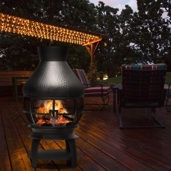 Brasero Foyer Extérieur avec Grille à Bûches en 2 Pièces Cheminée à Bois Capuchon de Pluie et Tisonnier Ignifuge à 360°