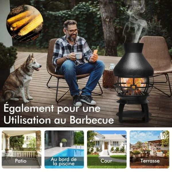 Brasero Foyer Extérieur avec Grille à Bûches en 2 Pièces Cheminée à Bois Capuchon de Pluie et Tisonnier Ignifuge à 360°