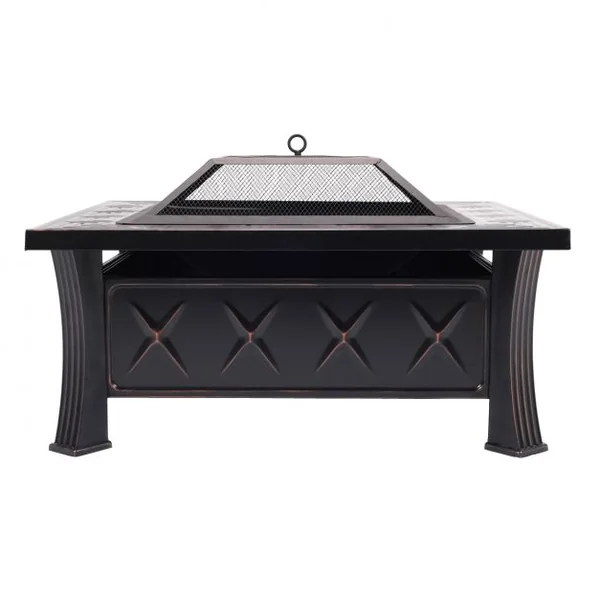 Braséro carré de jardin en acier Barbecue pour fête avec Couvercle Tisonnier et Grill, 81 x 81 x 45 cm, Noir