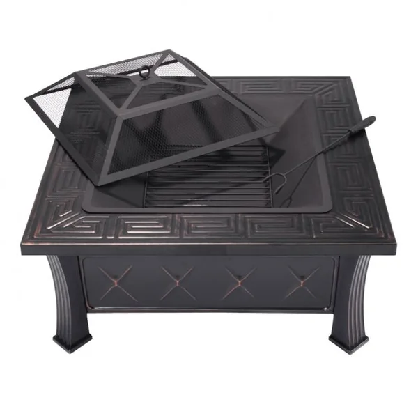 Braséro carré de jardin en acier Barbecue pour fête avec Couvercle Tisonnier et Grill, 81 x 81 x 45 cm, Noir