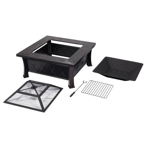 Braséro carré de jardin en acier Barbecue pour fête avec Couvercle Tisonnier et Grill, 81 x 81 x 45 cm, Noir