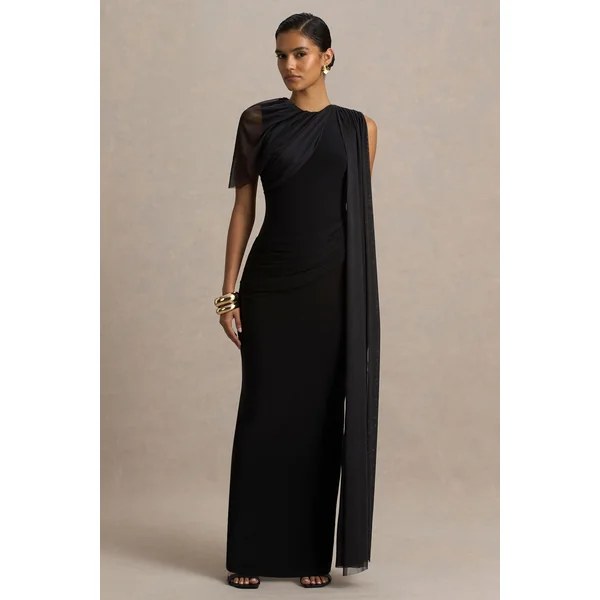 Brenda | Robe longue en maille noire avec manche cape et ceinture