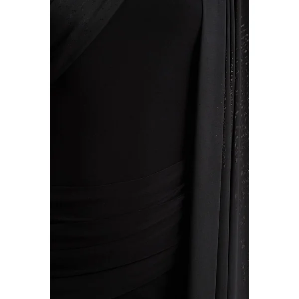 Brenda | Robe longue en maille noire avec manche cape et ceinture