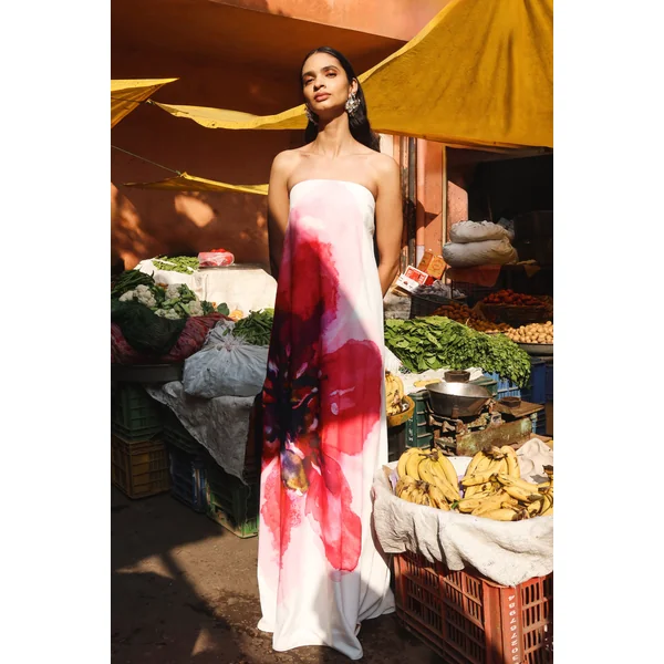 Breonna | Robe longue bandeau à imprimé floral rose vif placé