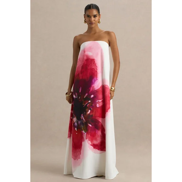 Breonna | Robe longue bandeau à imprimé floral rose vif placé