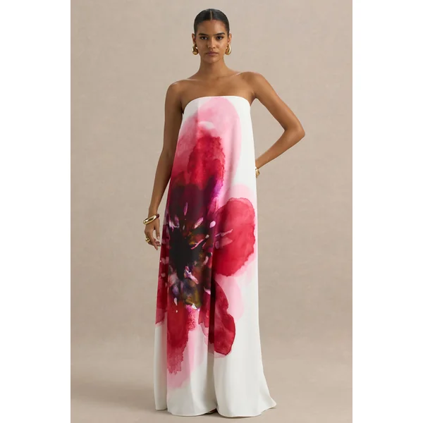 Breonna | Robe longue bandeau à imprimé floral rose vif placé