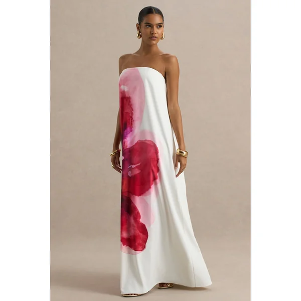 Breonna | Robe longue bandeau à imprimé floral rose vif placé