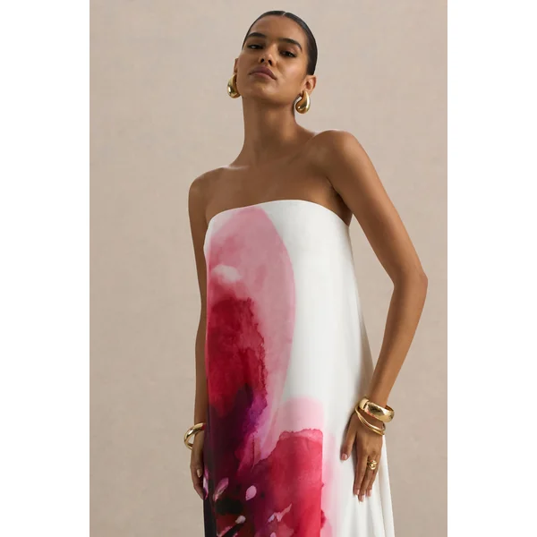 Breonna | Robe longue bandeau à imprimé floral rose vif placé