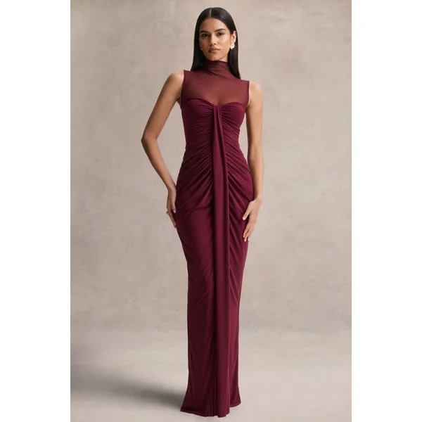 Brialle | Robe longue bordeaux à col montant avec mesh et détails froncés